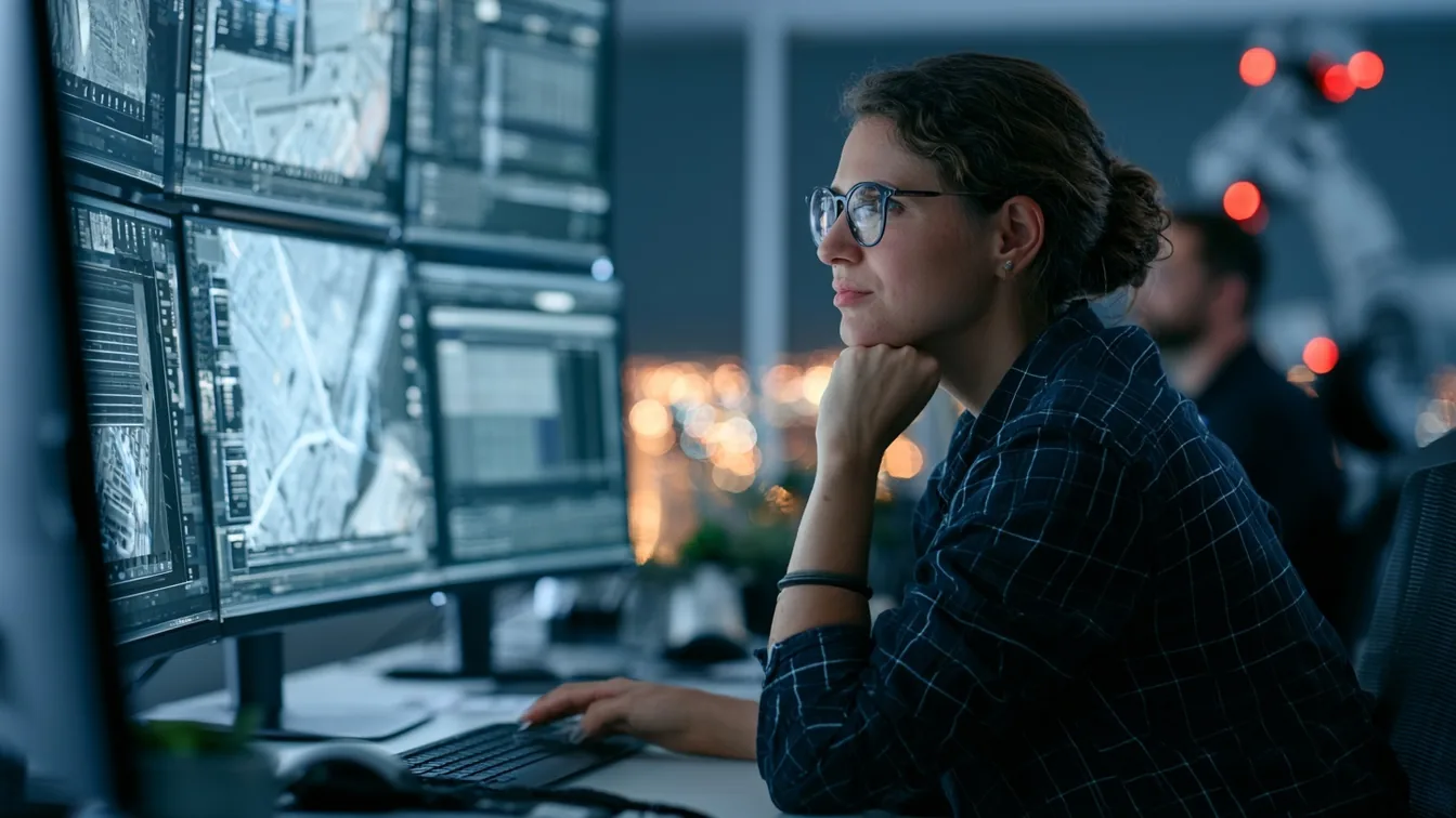Illustrative scene of a logistics specialist reviewing an AI-assisted shipment comparison